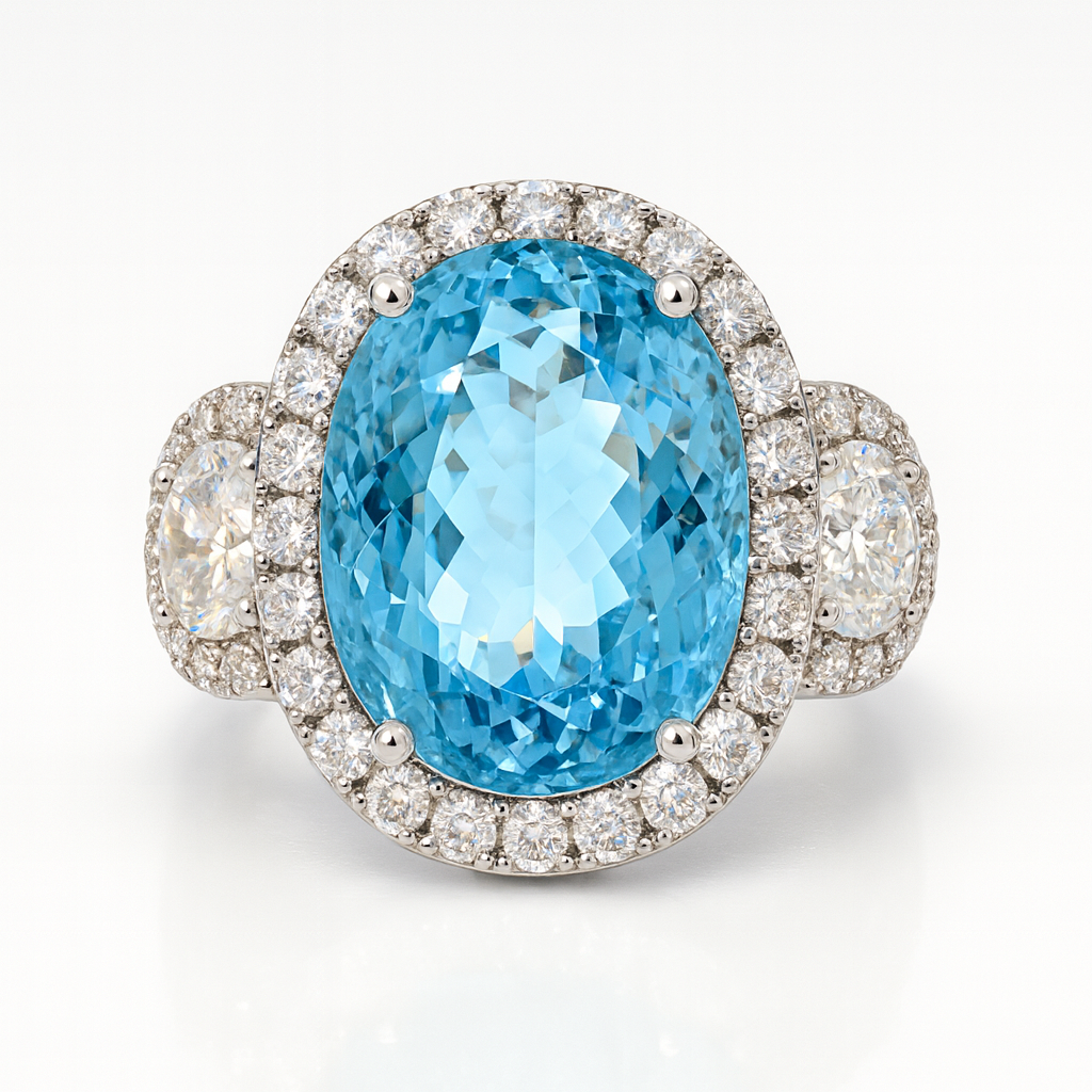 CR056727-AQ - Ring 18KW/8.5G 1AQUA-11.07CT 2OV-0.80CT 46RD-0.83CT