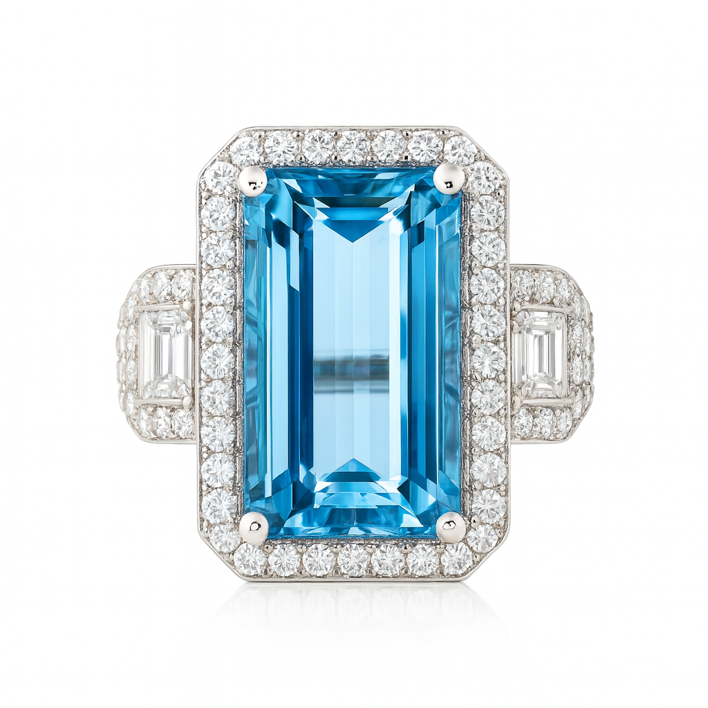 CR056728-AQ - Ring 18KW/9.1G 1AQUA-8.38CT 2EC-0.68CT 48RD-0.88CT
