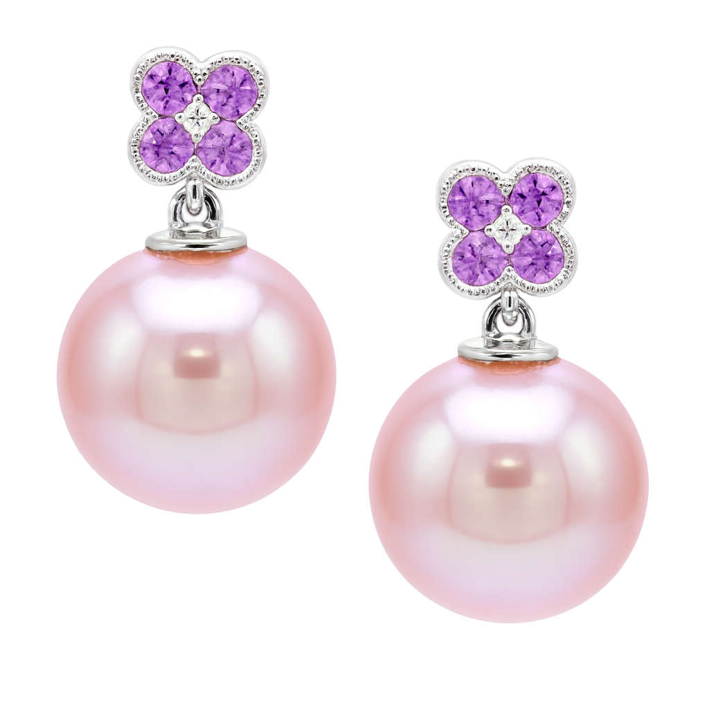 14K White Gold Pink Sapphire Freshwater Pearl Earrings, 10-11mm, 0.34ct