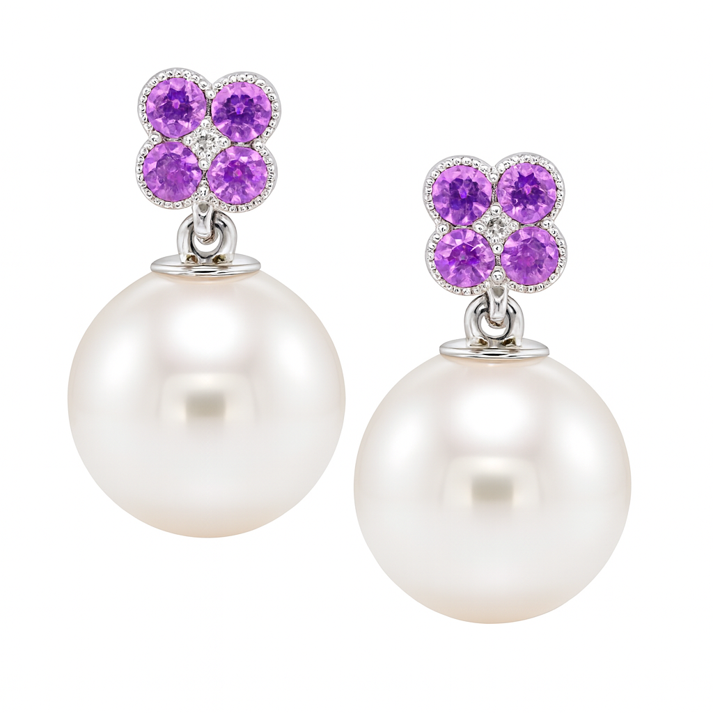 14K White Gold Freshwater Pearl Pink Sapphire Earrings, 10-11mm, 0.34ct