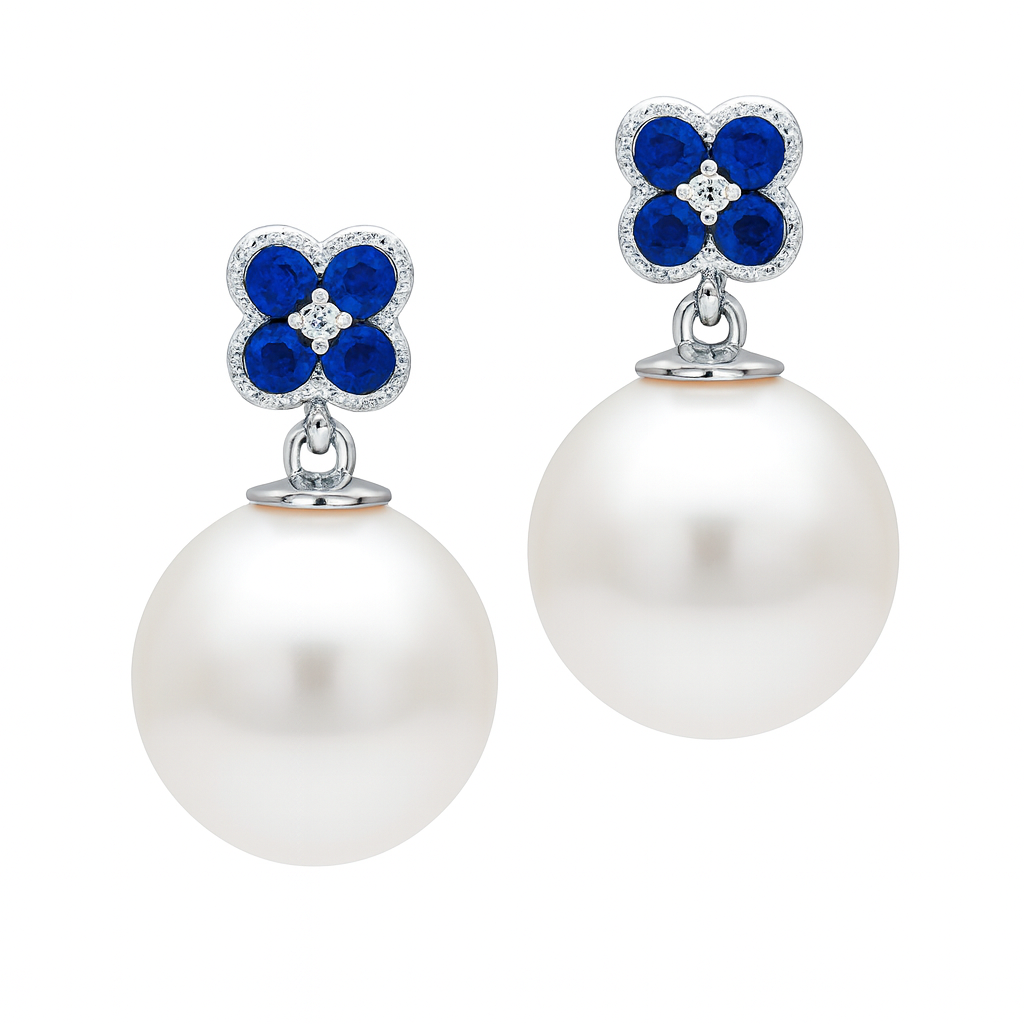 14K White Gold Blue Sapphire Pearl Earrings, 10-11mm, 0.43ct