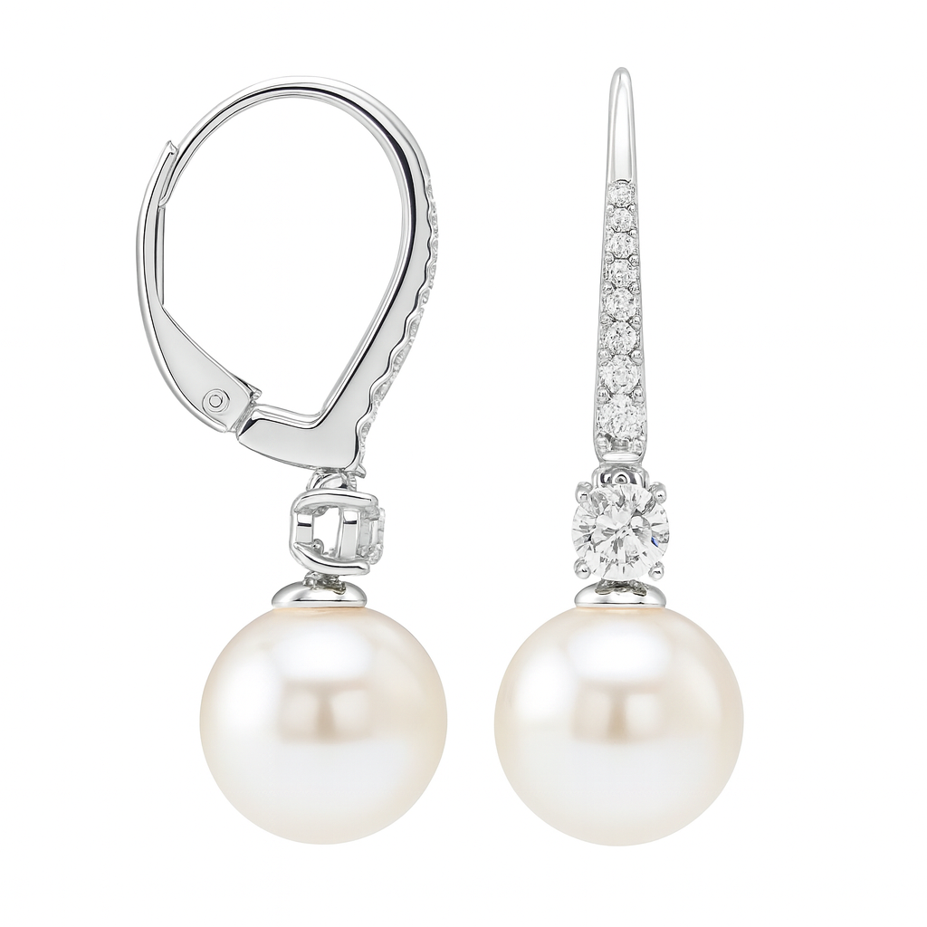 14K White Gold Freshwater Pearl Earrings, 9-10mm, 0.19ct