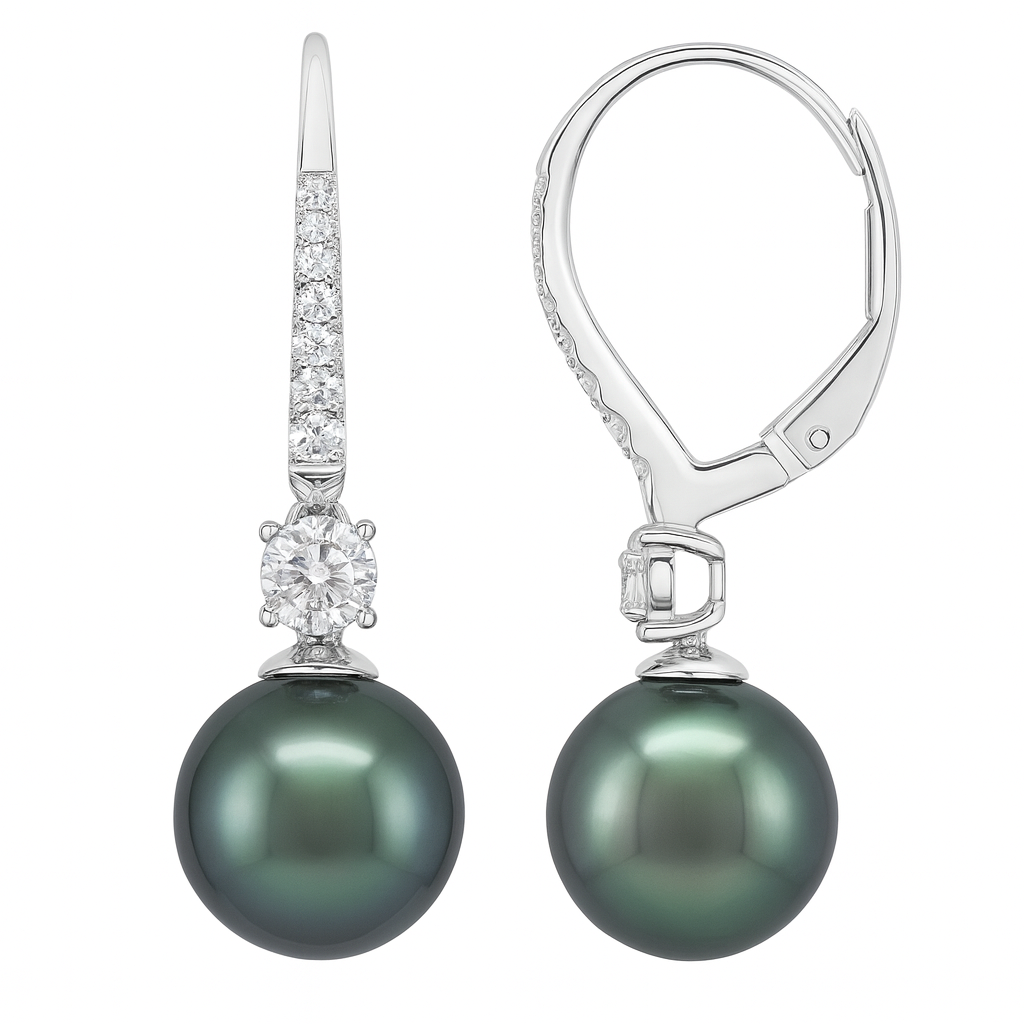 14K White Gold Tahitian Pearl Earrings, 9-10mm, 0.19ct