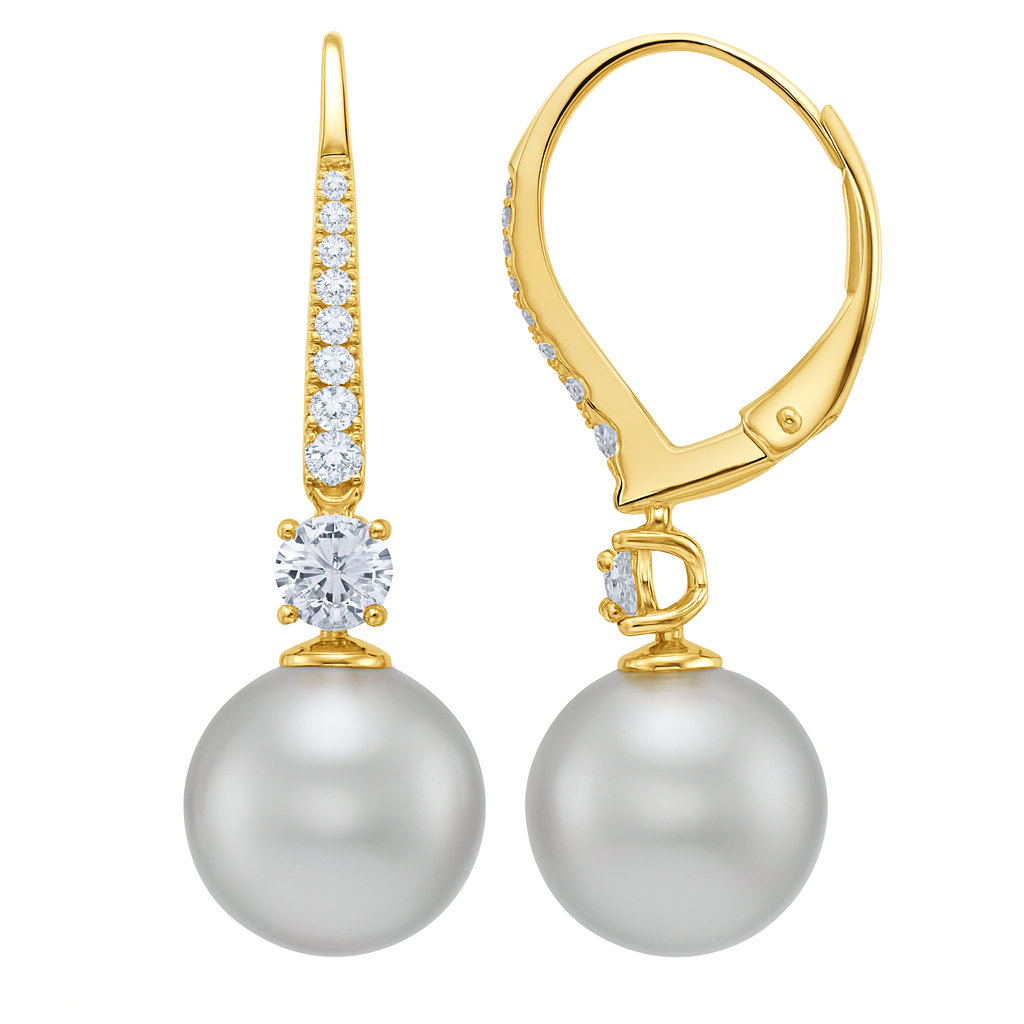 14K Yellow Gold Freshwater Pearl Earrings, 9-10mm, 0.18ct
