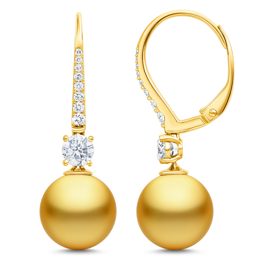 14K Yellow Gold Golden Pearl Earrings, 9-10mm, 0.19ct