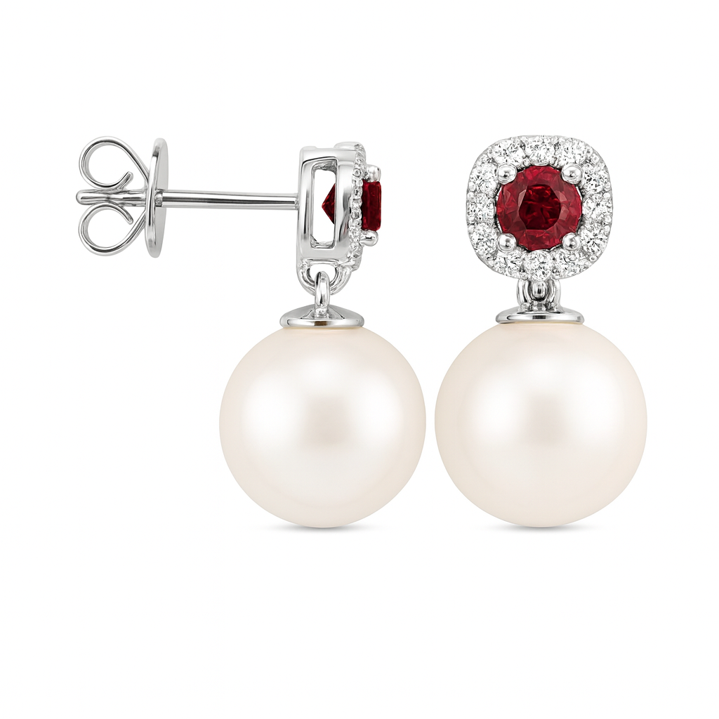 14K White Gold Ruby Freshwater Pearl Earrings, 10-11mm, 0.43ct