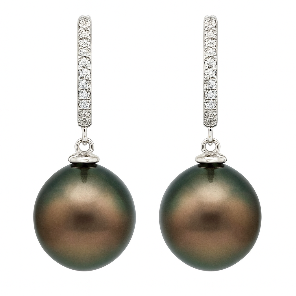 14K White Gold Tahitian Pearl Earrings, 10-11mm, 0.08ct