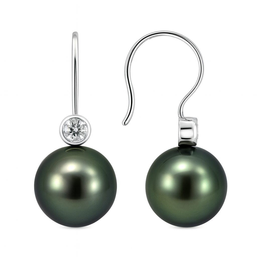 18K White Gold Tahitian Pearl Earrings, 11-12mm, 0.24ct