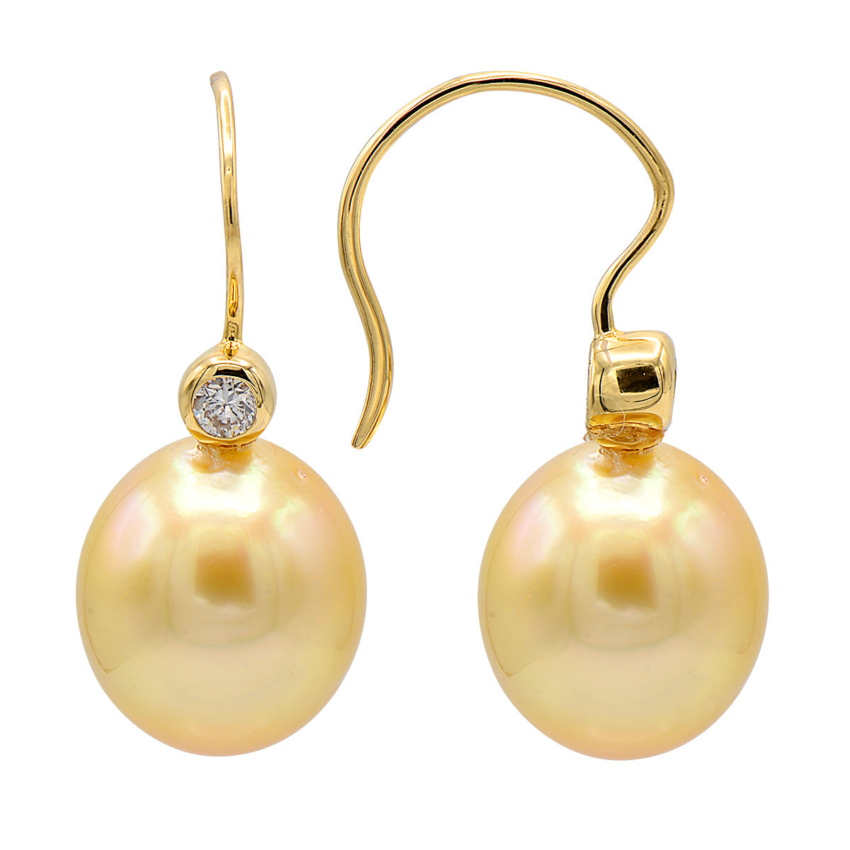 18K Yellow Gold Golden Pearl Earrings, 11-12mm, 0.24ct