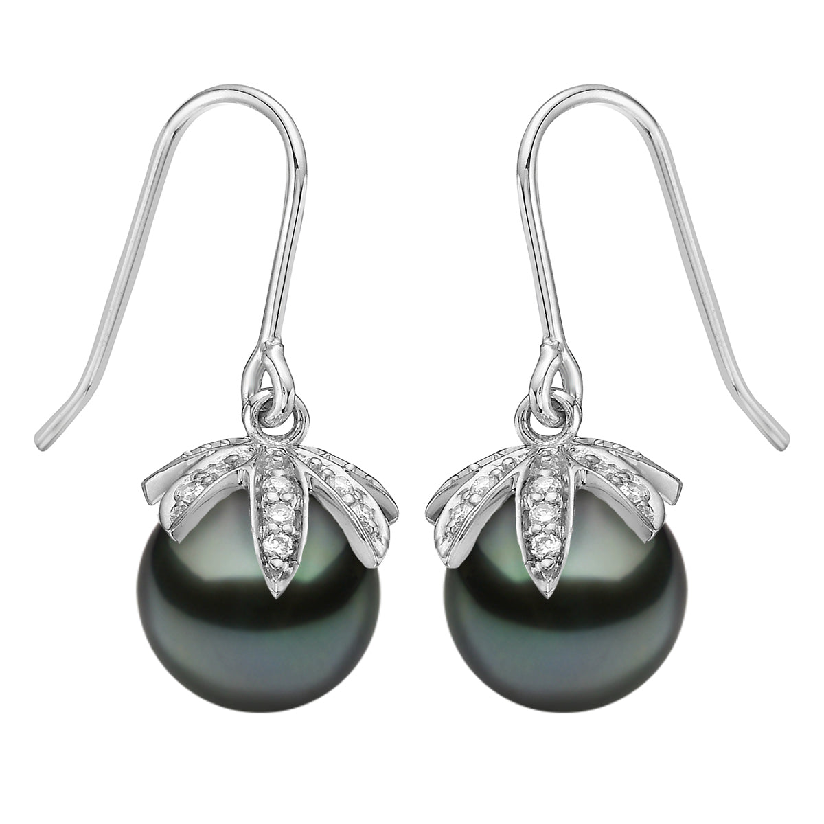 14K White Gold Tahitian Pearl Earrings, 8-9mm, 0.07ct