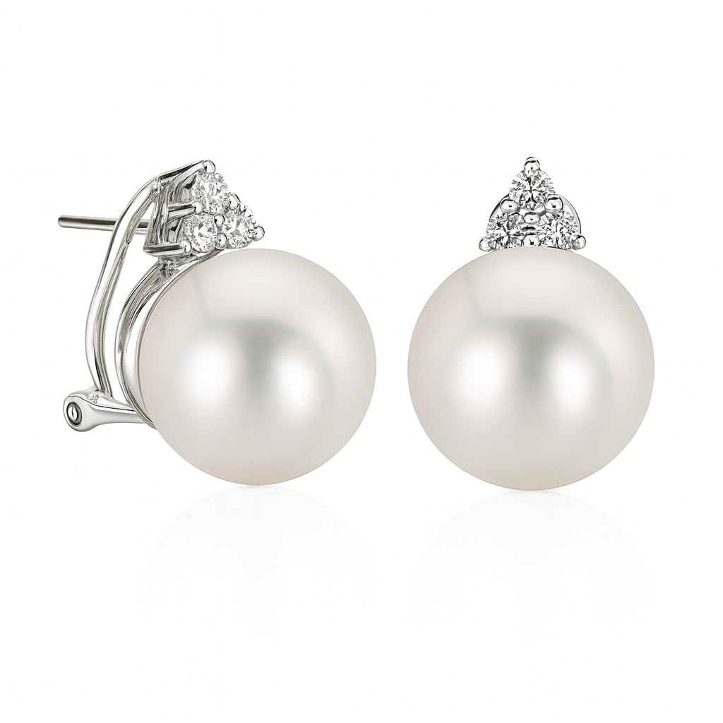 14KW White South Sea Pearl Earrings, 11-12mm