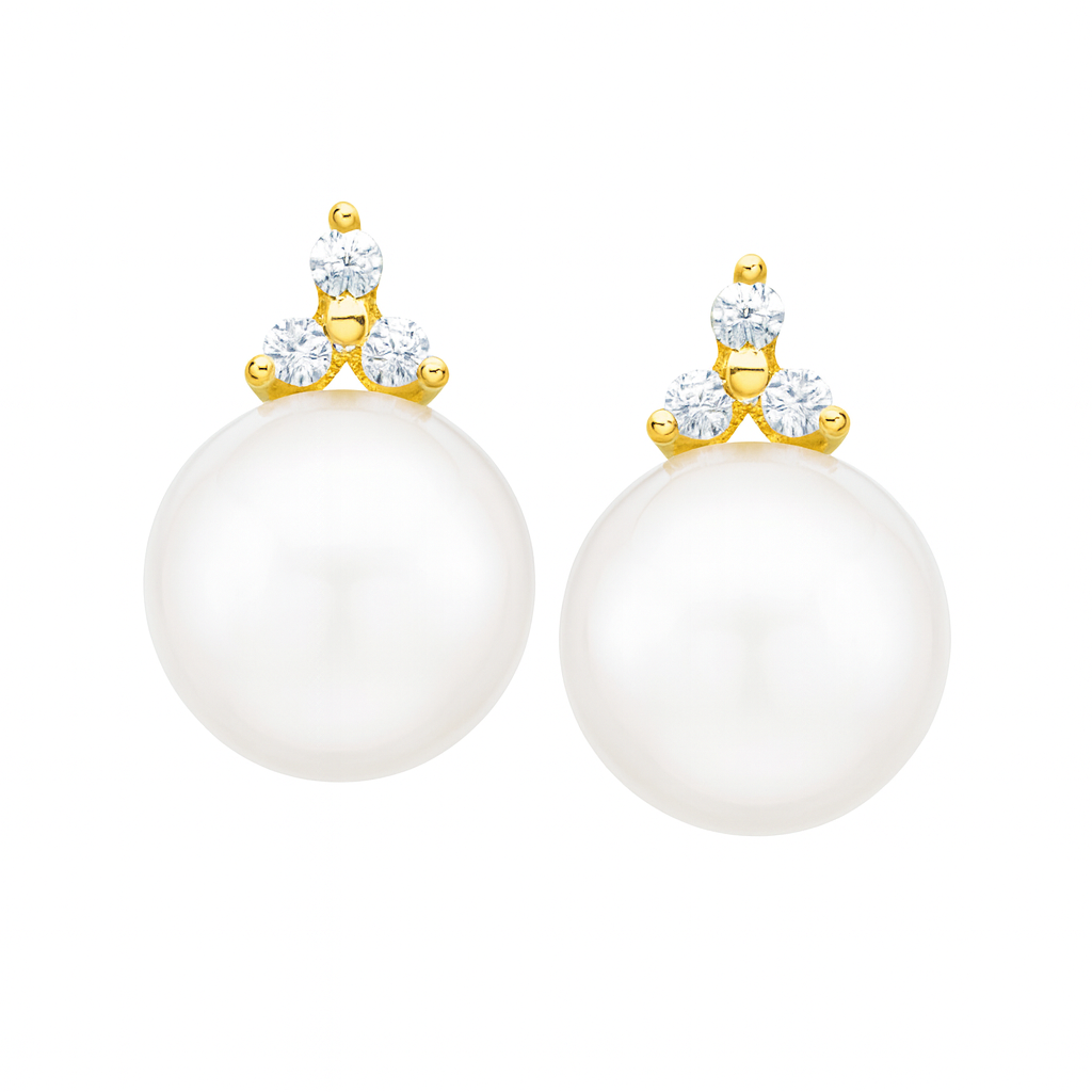 14K Yellow Gold Freshwater Pearls Earrings, 8.50-9mm, 0.12ct
