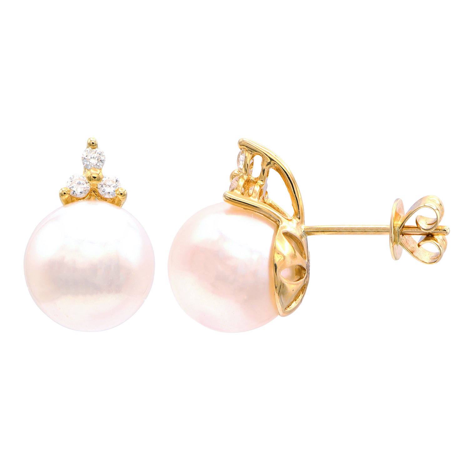 14K Yellow Gold Freshwater Pearl Earrings, 9-10mm, 0.12ct