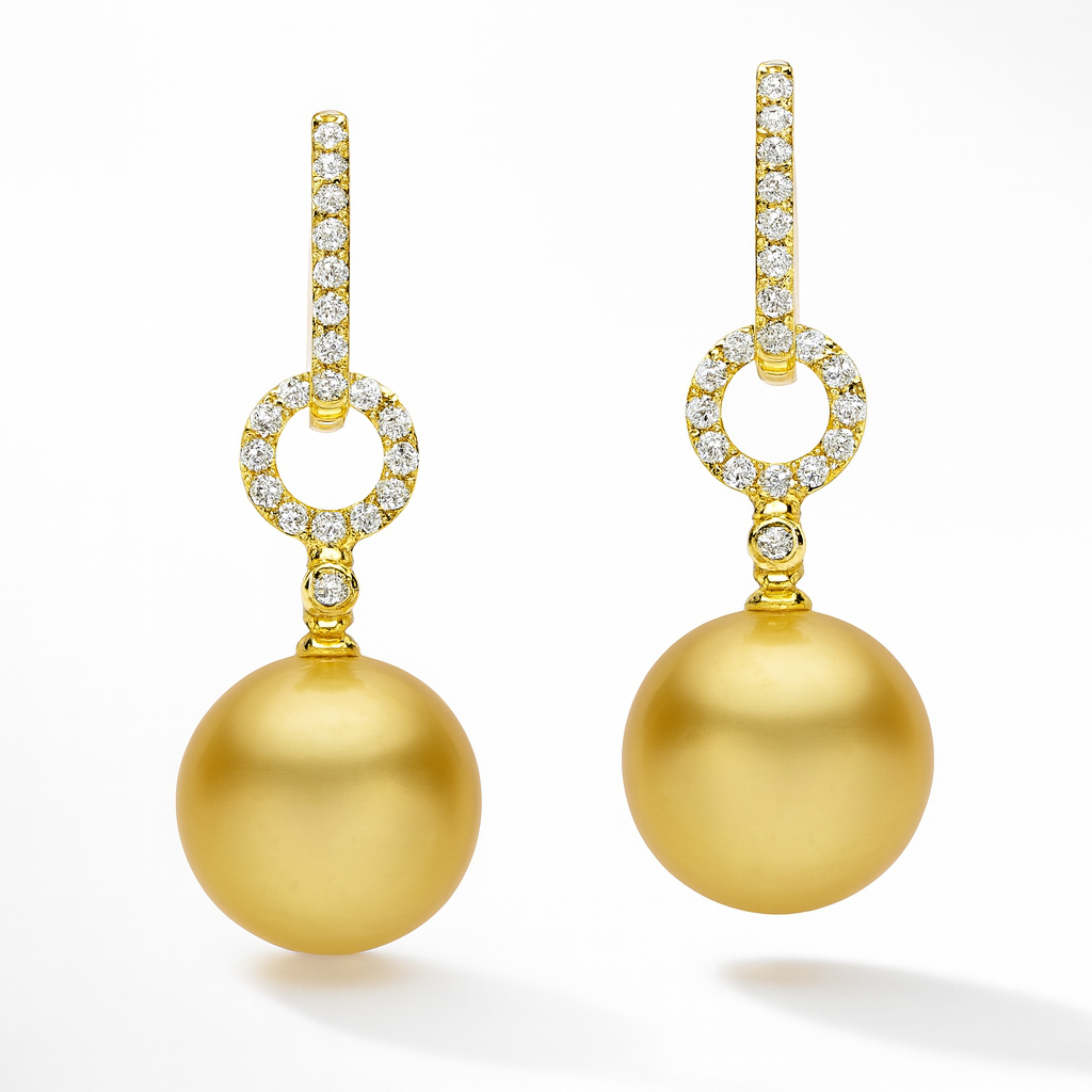 18K Yellow Gold South Sea Pearl Earrings, 10-11mm, 0.29ct