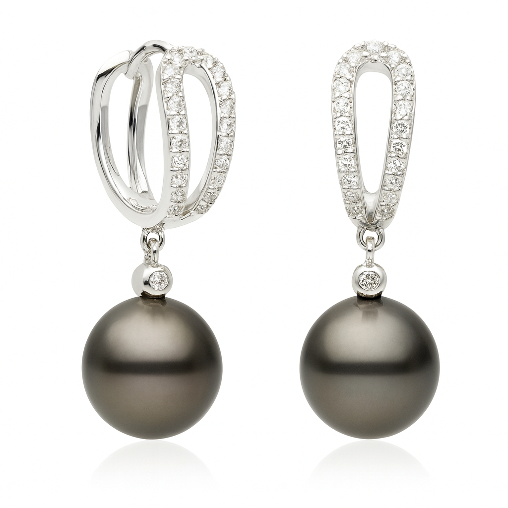 14K White Gold Tahitian Pearl Earrings, 9-9.50mm, 0.18ct