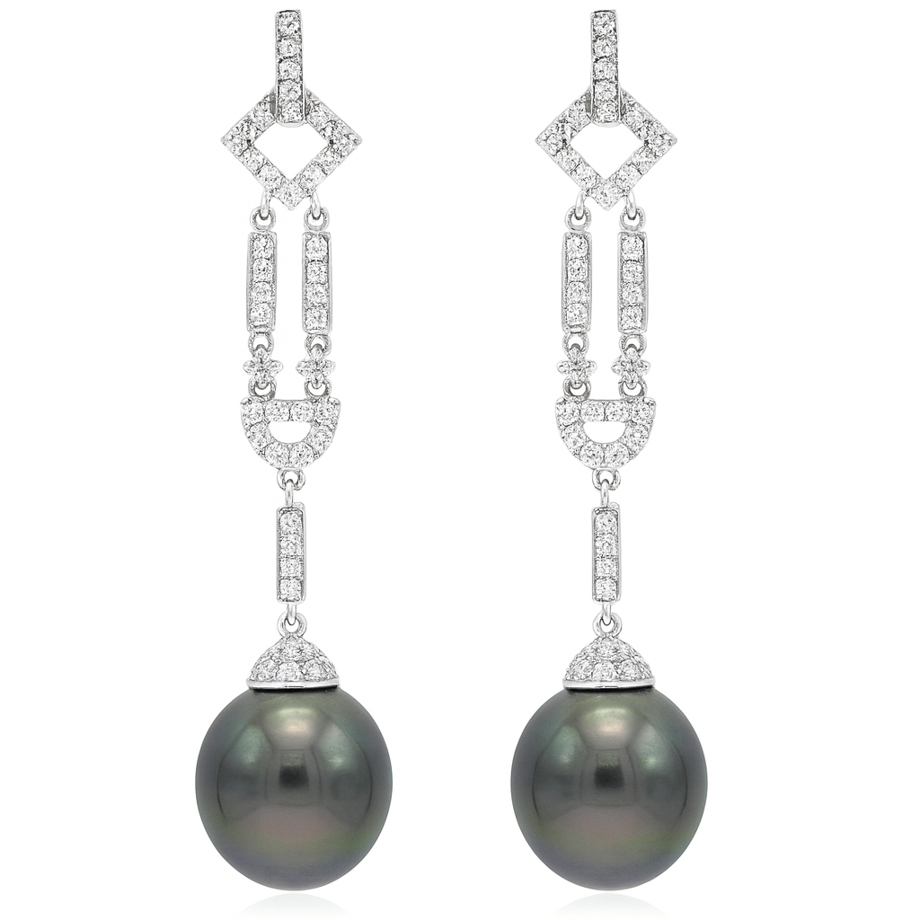 18K White Gold Tahitian Pearl Earrings, 11-12mm, 0.62ct