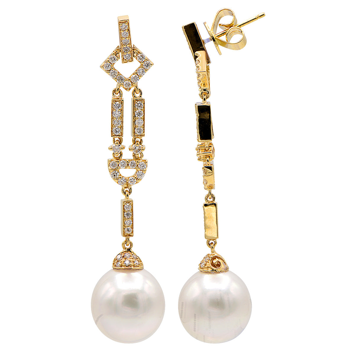 18KY White South Sea Pearl Earrings, 12-13mm
