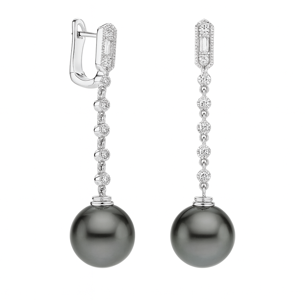18K White Gold Tahitian Pearl Earrings, 10-11mm, 0.21ct