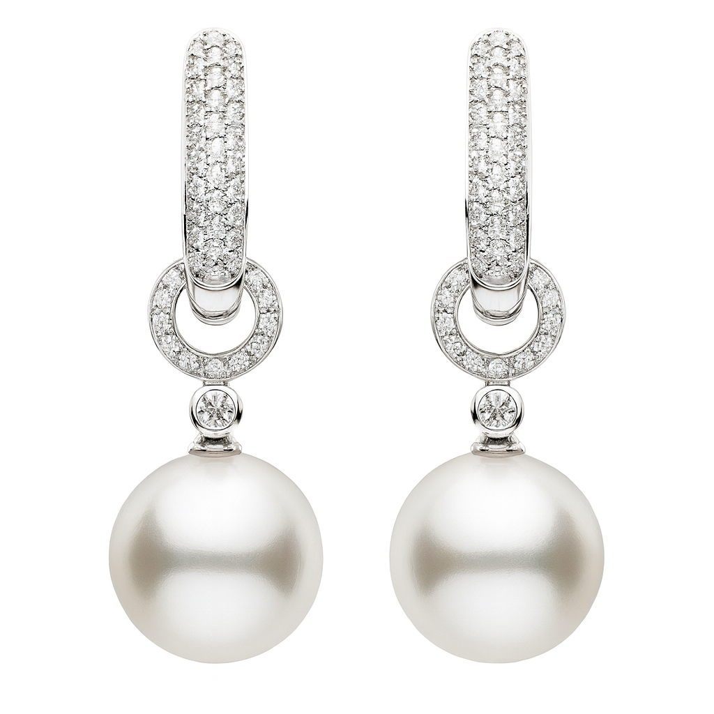 18KW White South Sea Pearl Earrings, 11-12mm