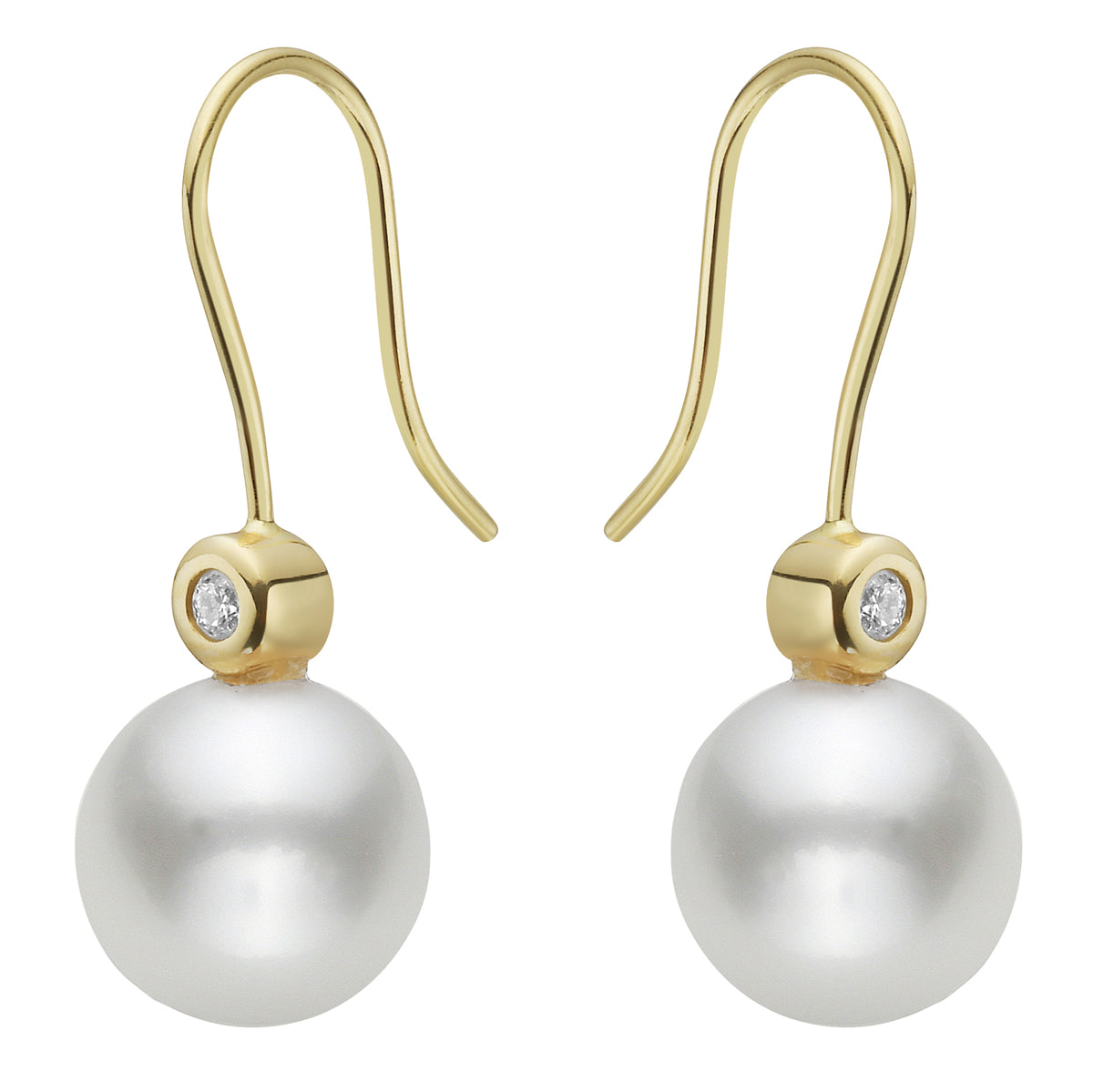 18K Yellow Gold Freshwater Pearl Earrings, 9-10mm, 0.06ct