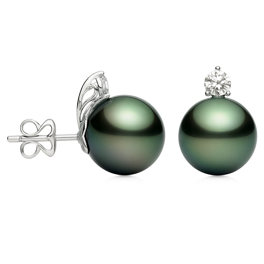 14K White Gold Tahitian Pearl Earrings, 10-11mm, 0.43ct
