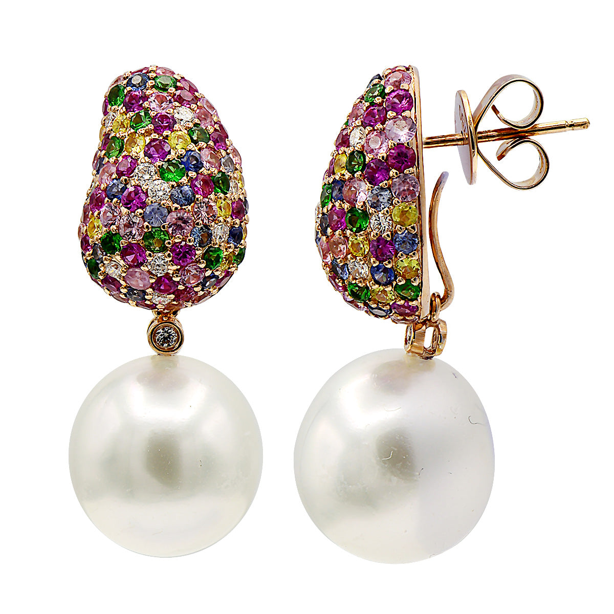18KR White South Sea Pearl Earrings, 12-13mm