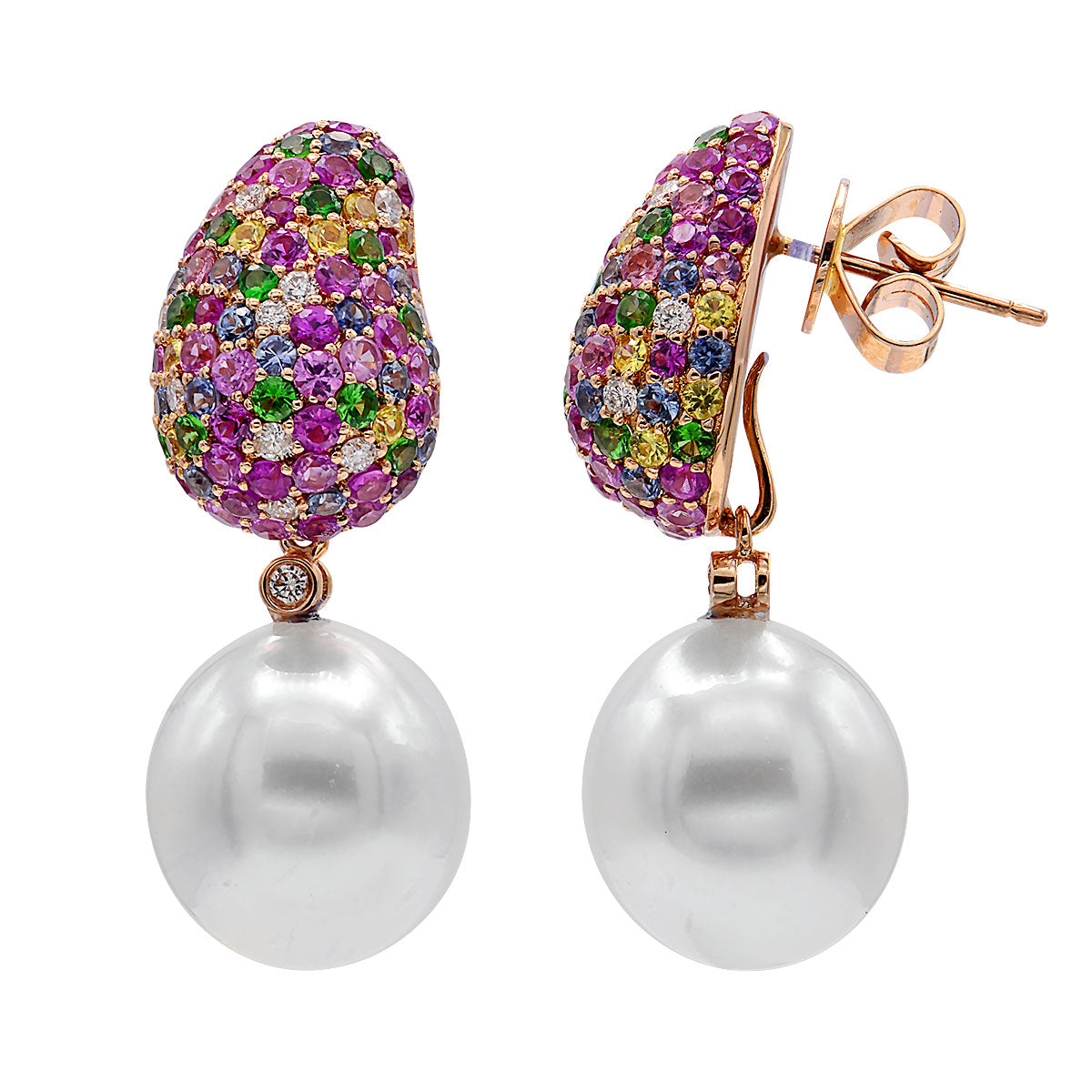 18KR White South Sea Pearl Earrings, 12-13mm