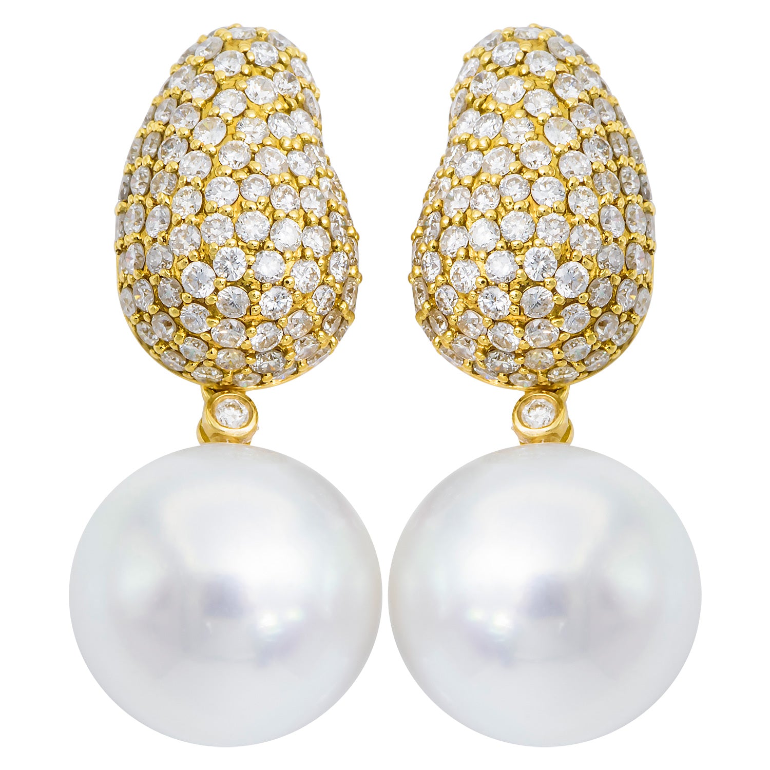 18KY White South Sea Pearl Earrings, 13-14mm