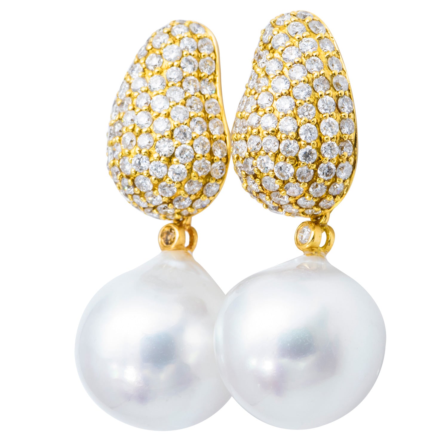 18KY White South Sea Pearl Earrings, 13-14mm