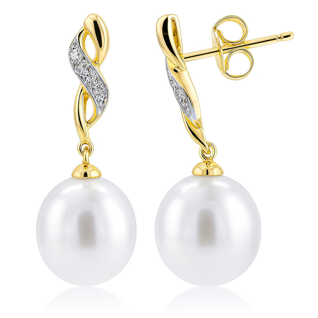 14K Yellow Gold Pearl Earrings, 10-11mm, 0.06ct