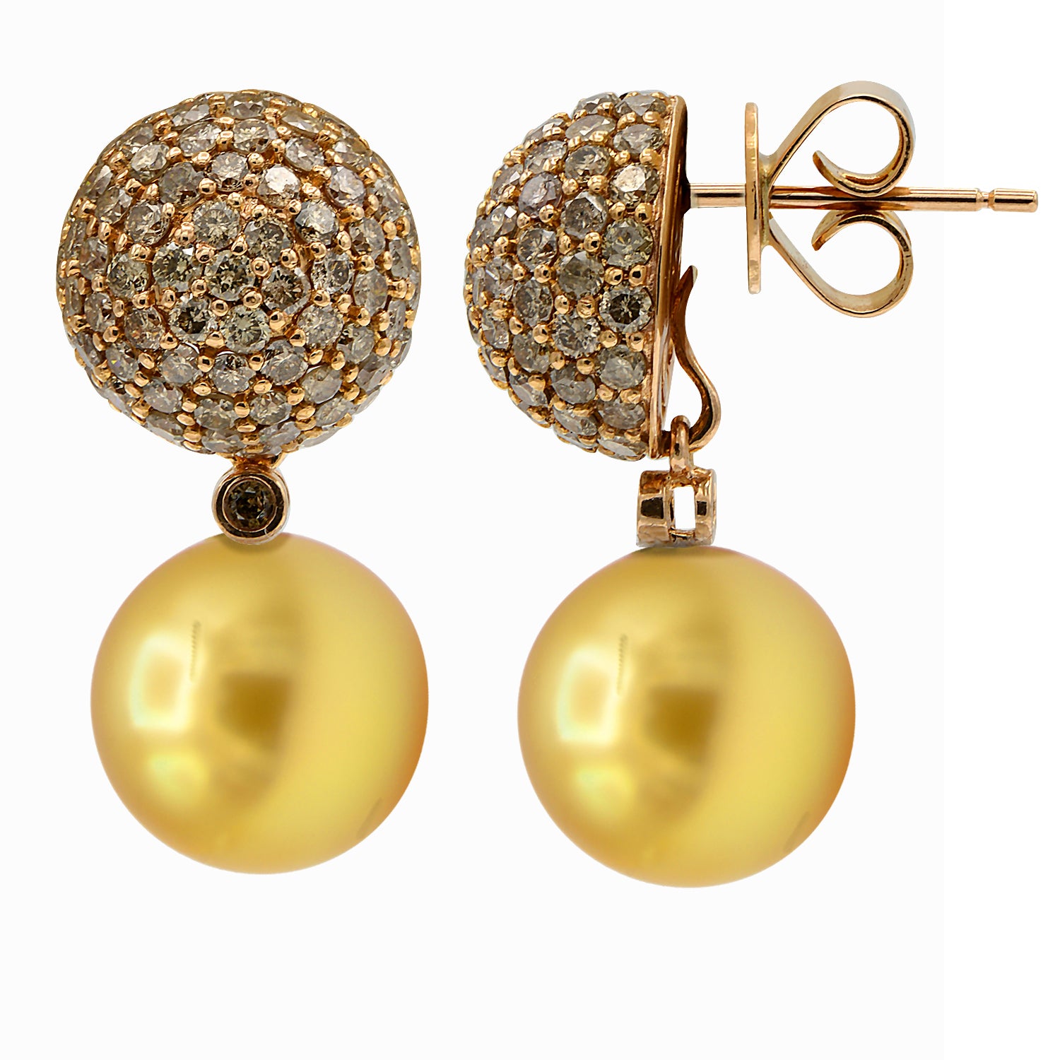 18K Yellow Gold Champagne Diamond Earrings, 11-12mm, 2.21ct