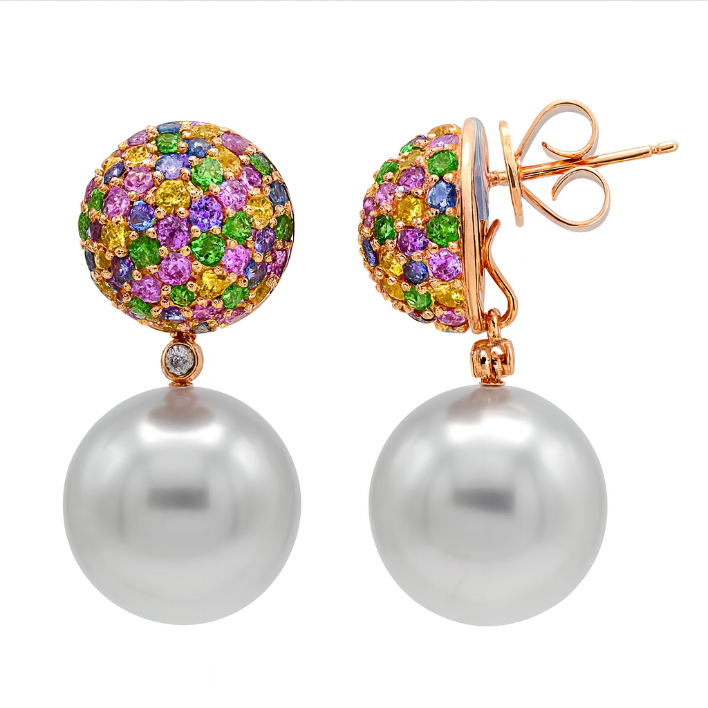 18KR White South Sea Pearl Earrings, 12-13mm