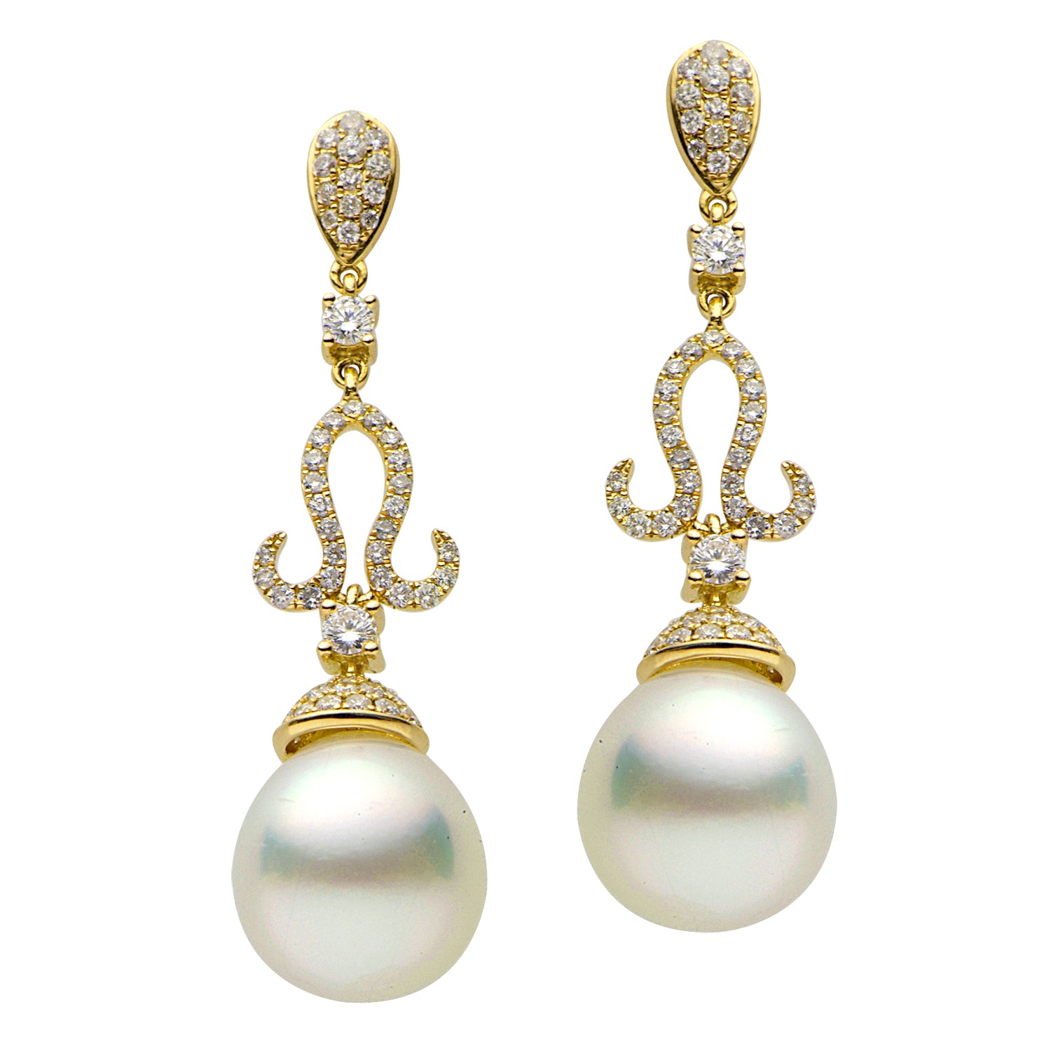 18KY White South Sea Pearl Earrings, 11-12mm
