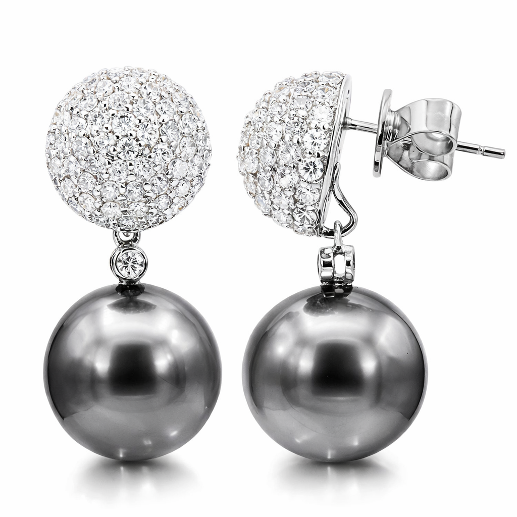 18K White Gold Tahitian Pearl Earrings, 12-13mm, 2.11ct