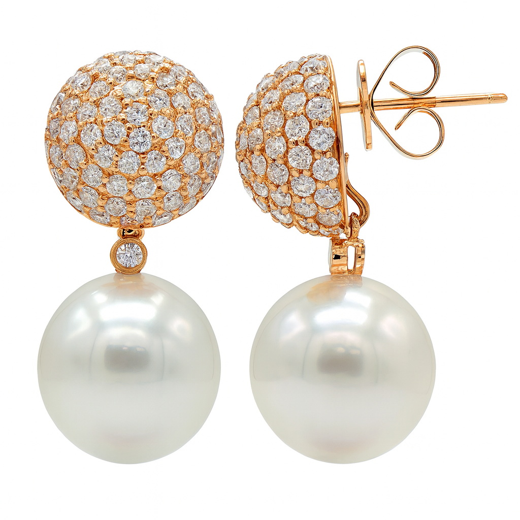 18KR White South Sea Pearl Earrings, 12-13mm