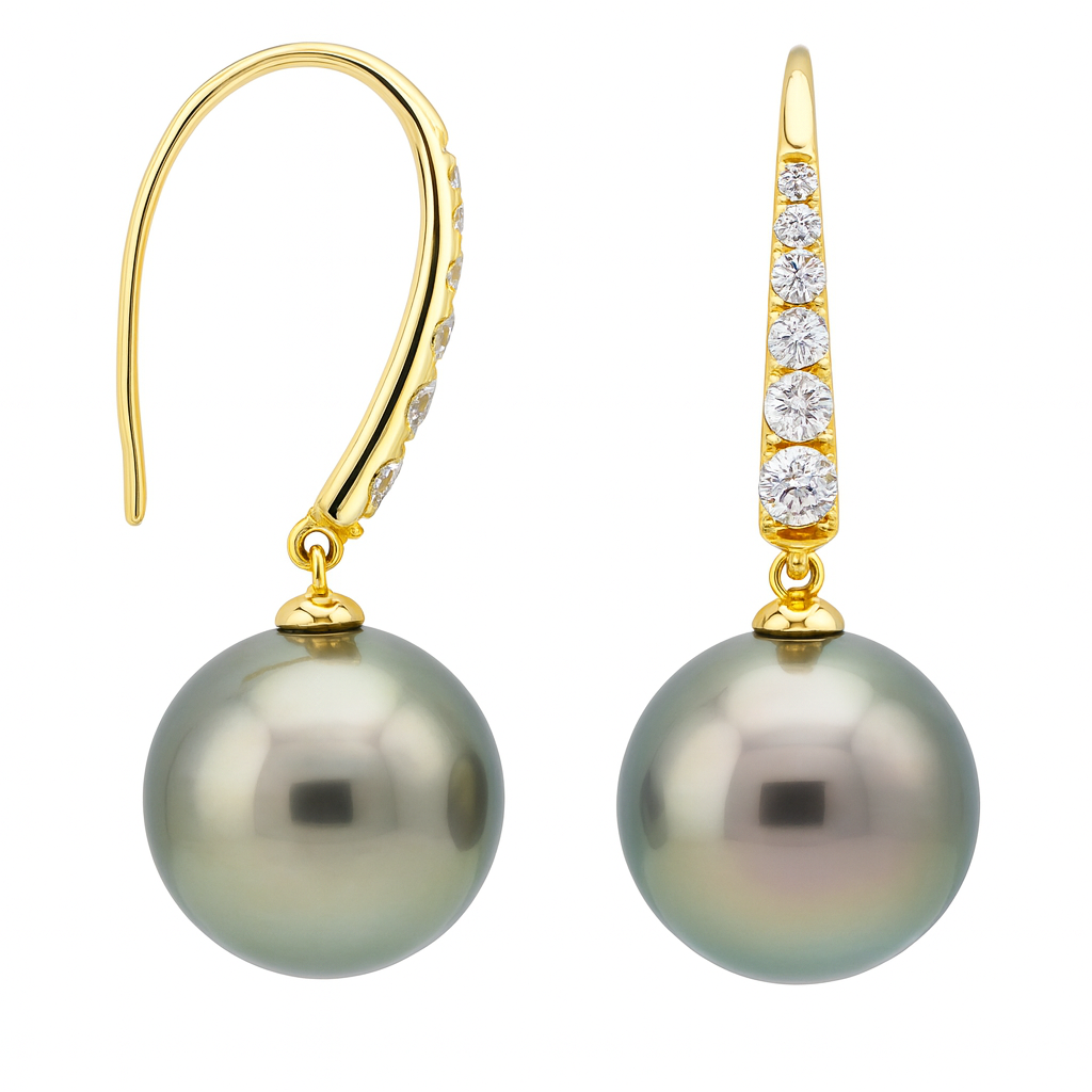 14K Yellow Gold Tahitian Pearl Earrings, 10-11mm, 0.29ct