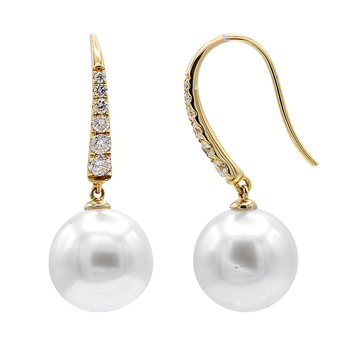 14K Yellow Gold Diamond South Sea Pearl Earrings, 10-11mm, 0.29ct