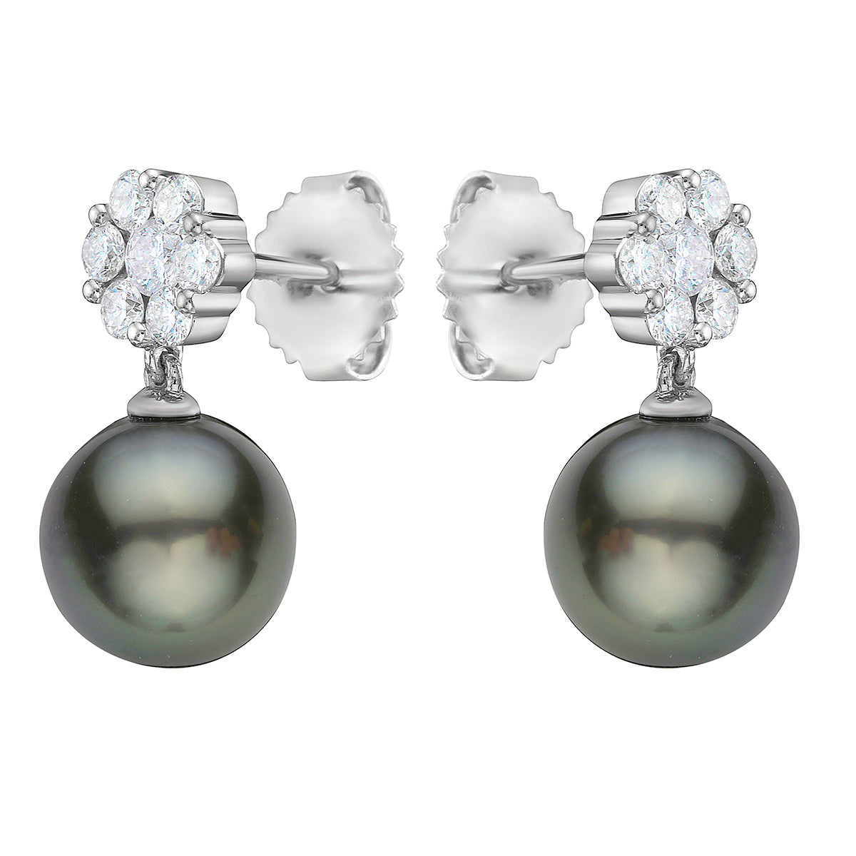 14K White Gold Tahitian Pearl Earrings, 9-10mm, 0.58ct