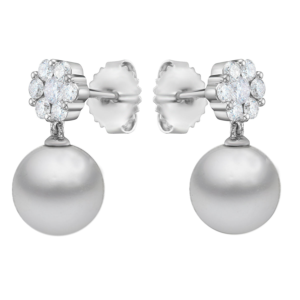 14K White Gold Freshwater Pearl Earrings, 9-10mm, 0.58ct