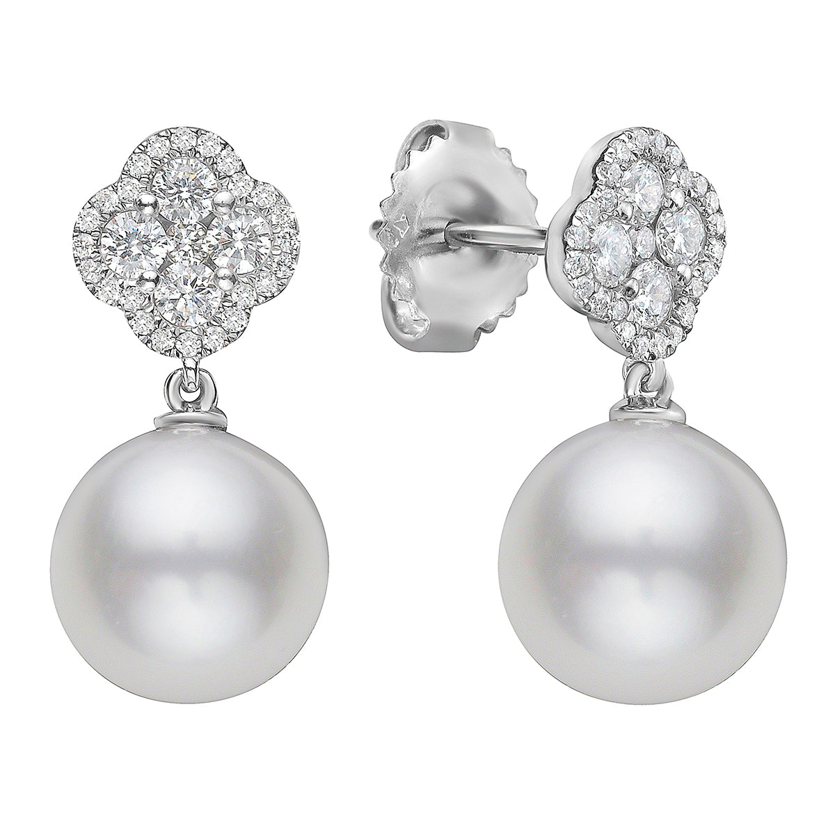 14K White Gold Diamond and Pearl Earrings, 9-10mm, 0.46ct