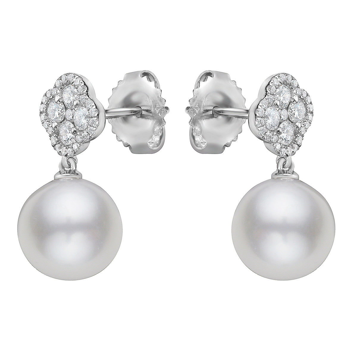 14K White Gold Diamond and Pearl Earrings, 9-10mm, 0.46ct
