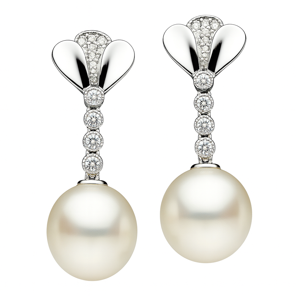 14KW White South Sea Pearl Earrings, 11-12mm