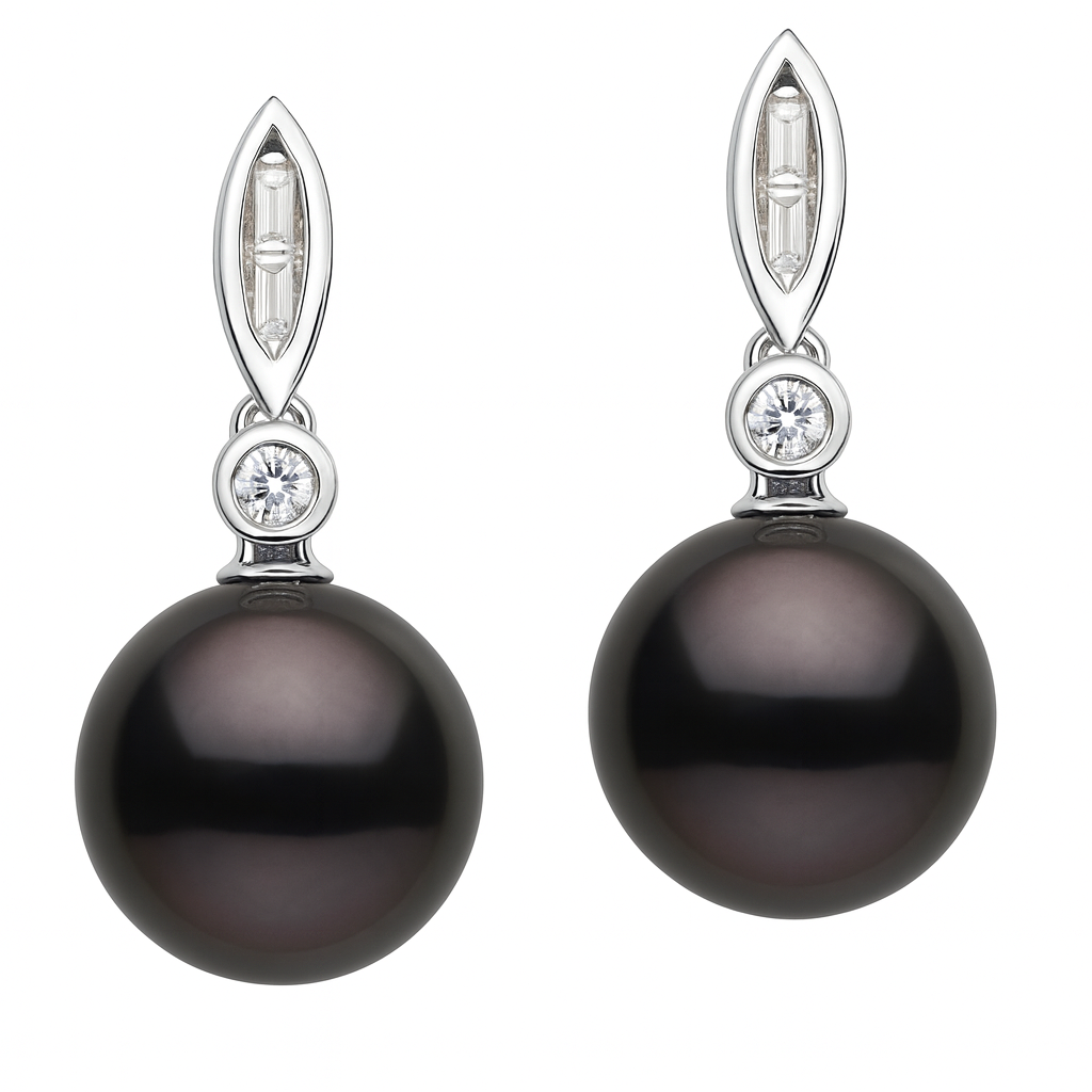 14K White Gold Tahitian Pearl Earrings, 10-11mm, 0.16ct