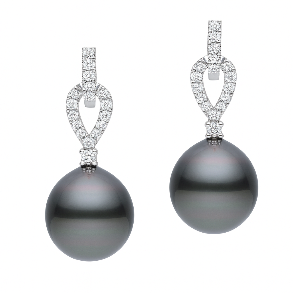 14K White Gold Tahitian Pearl Earrings, 10-11mm, 0.27ct