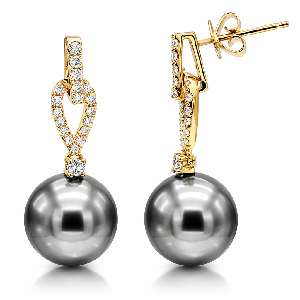 14K Yellow Gold Tahitian Pearl Earrings, 10-11mm, 0.27ct