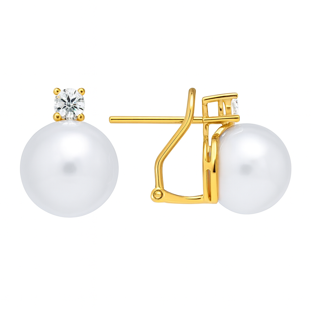 14KY White South Sea Pearl Earrings, 11-12mm