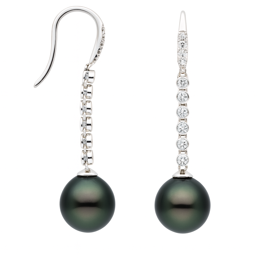 14K White Gold Tahitian Pearl Earrings, 10-11mm, 0.24ct