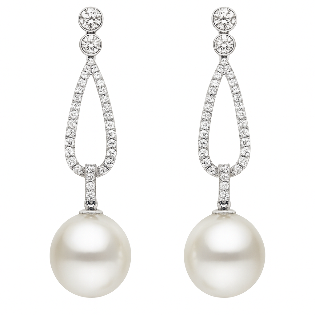 18K White Gold South Sea Pearl Earrings, 12-13mm, 0.76ct