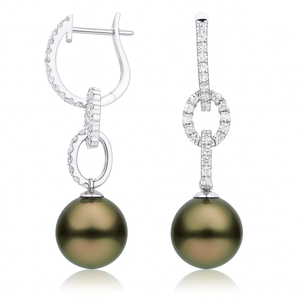 14K White Gold Diamond Tahitian Earrings, 11-12mm, 0.84ct