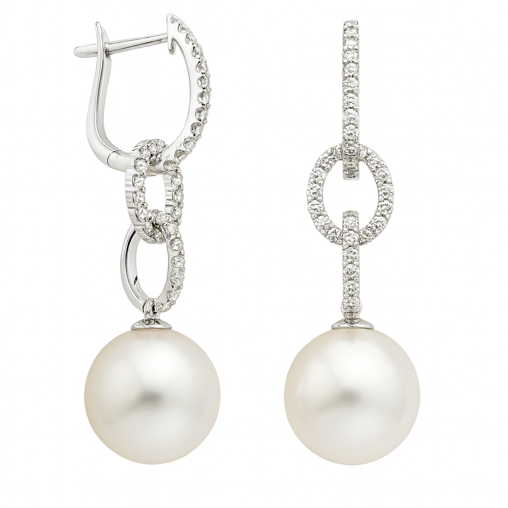 18KW White South Sea Pearl Earrings, 11-12mm